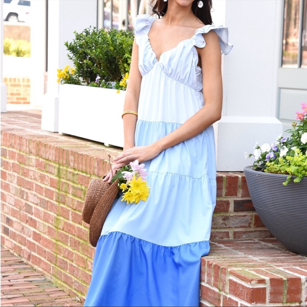 English Factory Ruffle Shoulder Color Block Tiered Maxi Dress